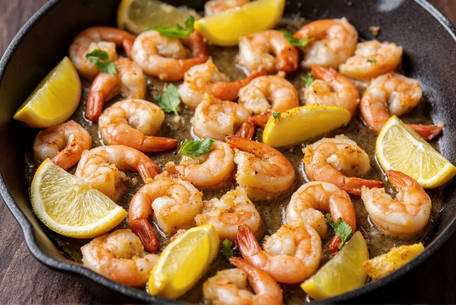 Perfectly cooked lemon and pepper shrimp in cast iron skillet with lemon slices and fresh herbs