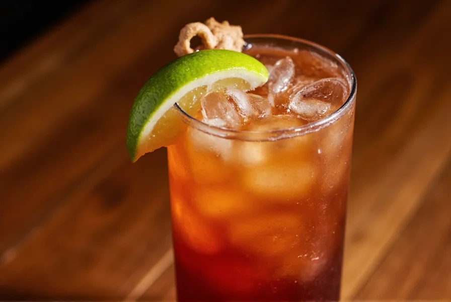 Close-up of Dark 'n' Stormy cocktail in highball glass with lime wedge and ginger garnish
