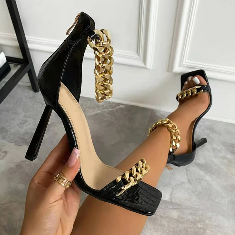 

New 2022 Women White Sandals Summer Square Toe Thin High Heels Female Fashion Chain Designer Strap Party Dress Green Lady Shoes