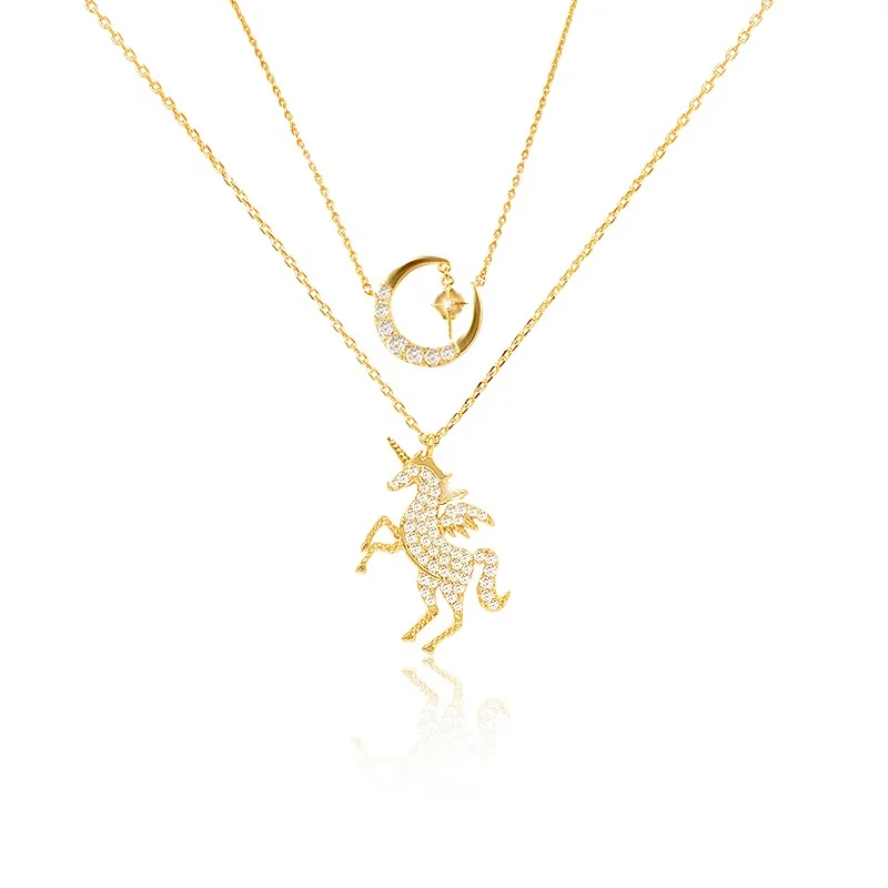 

LOZRUNVE 925 Silver Unicorn Moon Star Double Layer Pendant Necklace Jewelry