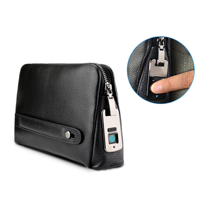 

Custom Logo Genuine Leather Handbags Top Layer Cowhide Smart Wrist Hand Bags Men's Chest Bag Fingerprint Lock Handbag Clutch Bag