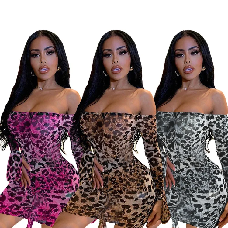 

women mesh fall dress fashion leopard club evening elegant casual dress sexy slash neck bodycon long sleeve clothes