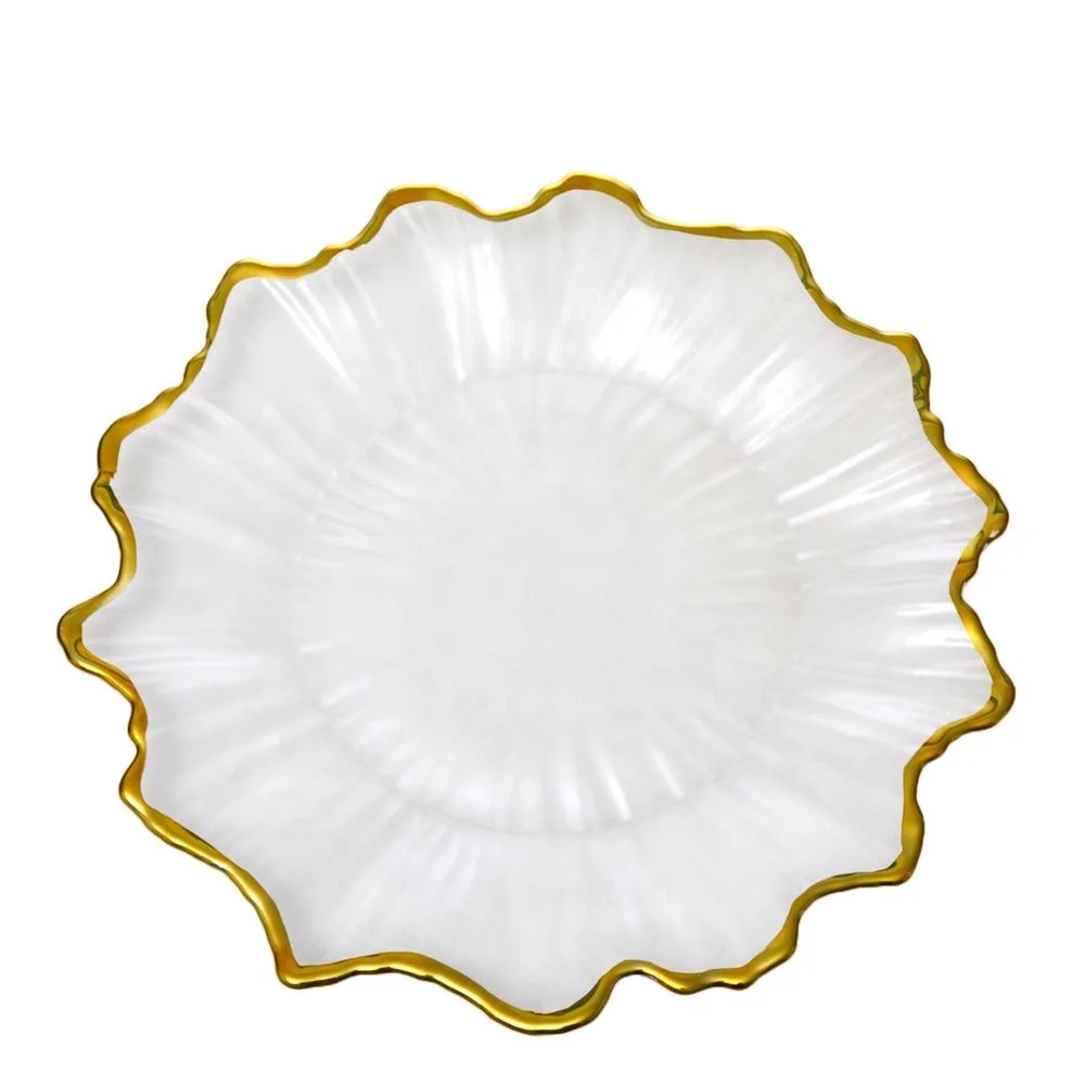 

China Factory Wholesale High Quality Gold Flower Shape Glass Charger Plate Wedding