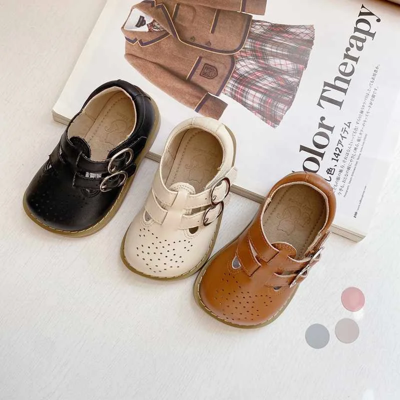 

children's shoes wholesale 2021 Spring New British vintage children's leather shoes solid color hollow out boys and girls baby s
