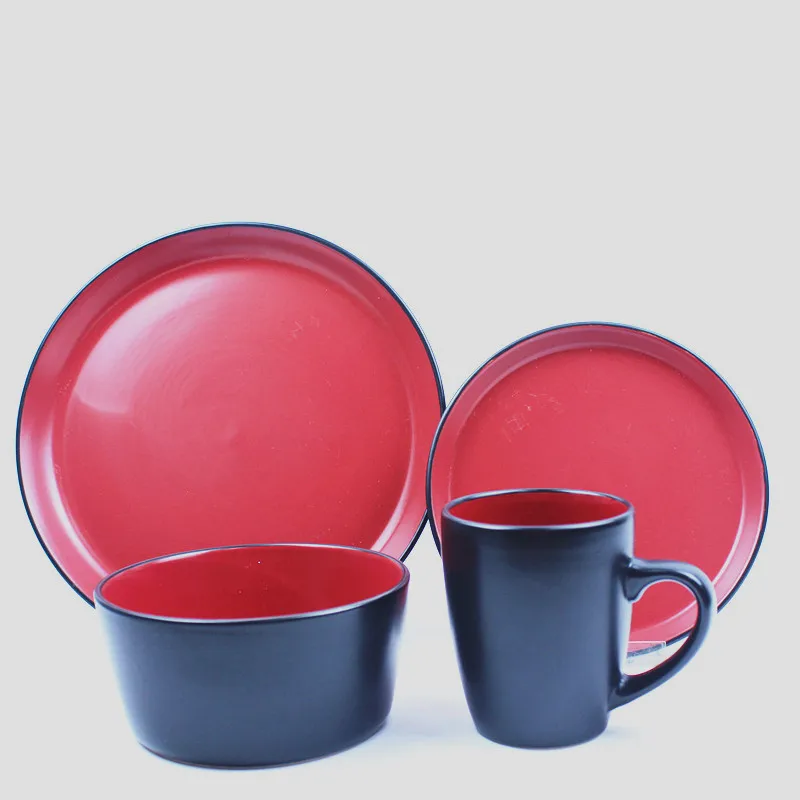 

Western Style 16Pcs Color Glazed Stoneware Ceramic Dinnerware Red Black Double Color Tableware Used For Hotel, As your requests