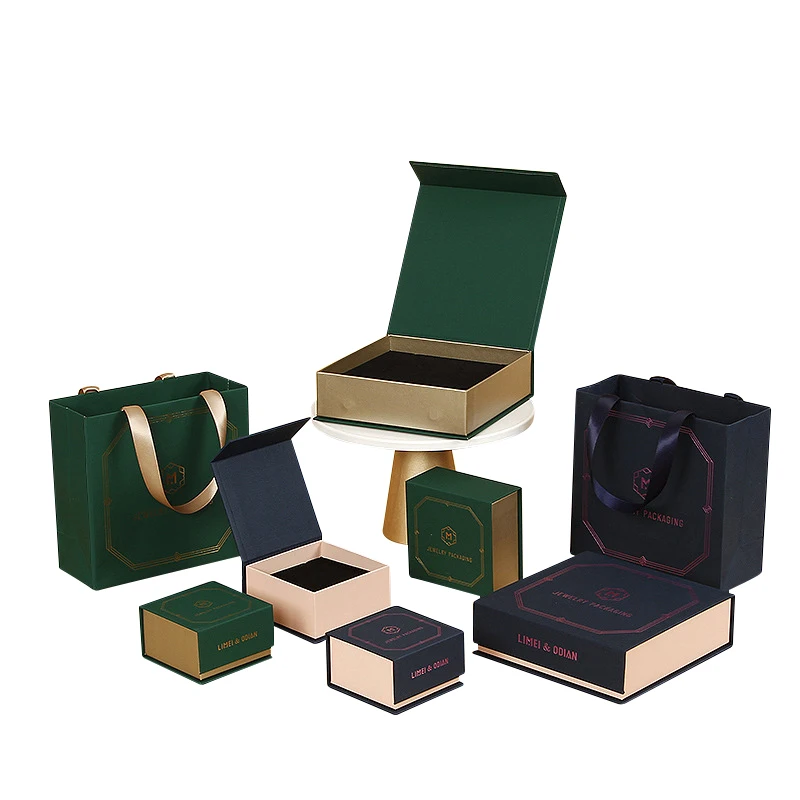 

Custom Jewelry Box Personalized Logo Magnetic Slip Flip Jewelry Packaging Box Five Piece Set Earring Jewelry Box, Dark blue/green