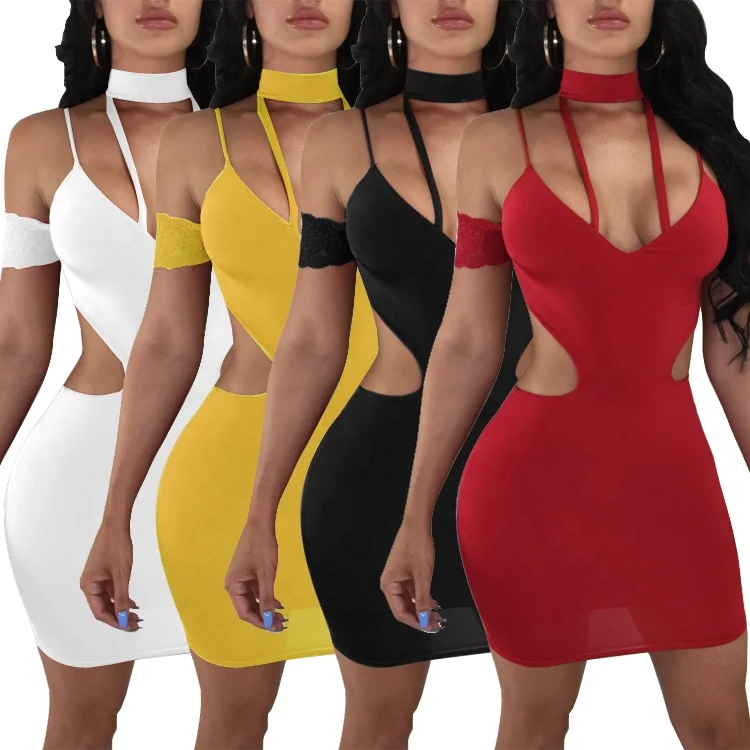 Summer solid color lace sling Europe and America sexy strap dress nightclub dress four colors one shoulder dress