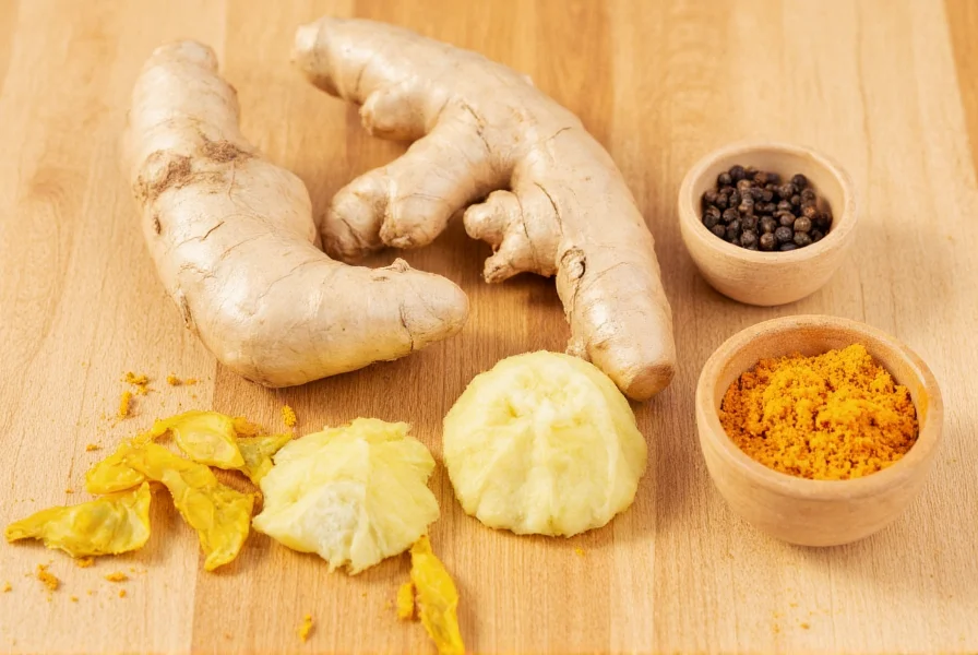 Fresh ginger and turmeric roots with tea preparation ingredients including black pepper and lemon