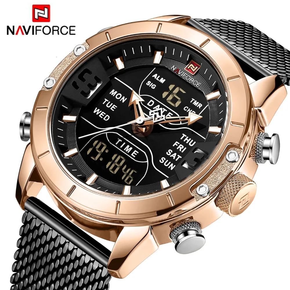 

NAVIFORCE 9153 Men Digital New Week Time Display Watches Classic Mesh Stainless Steel Strap Analog Digital Business Wristwatch, 5 colors