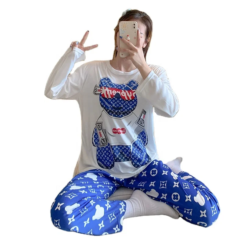 

Wholesale Hot Style Fashion 2 Piece Sets Autumn Winter Cartoon Pajama Milk Silk Full Sleeve Ankle Length Pants Home Wear For Ms., Picture shows