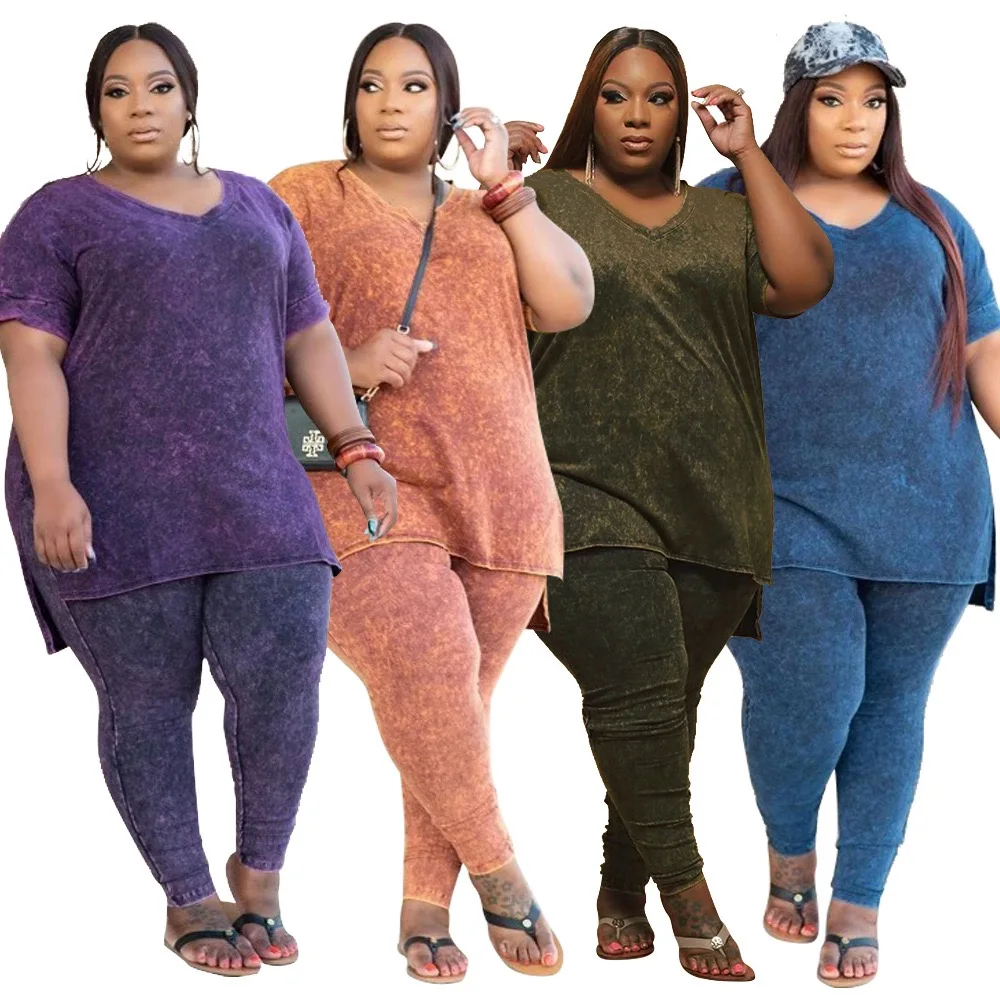 

2021 hot sale fall 5XL plus size short sleeve blouse with legging solid color 2 piece set sports workout running women clothing, 4color as picture