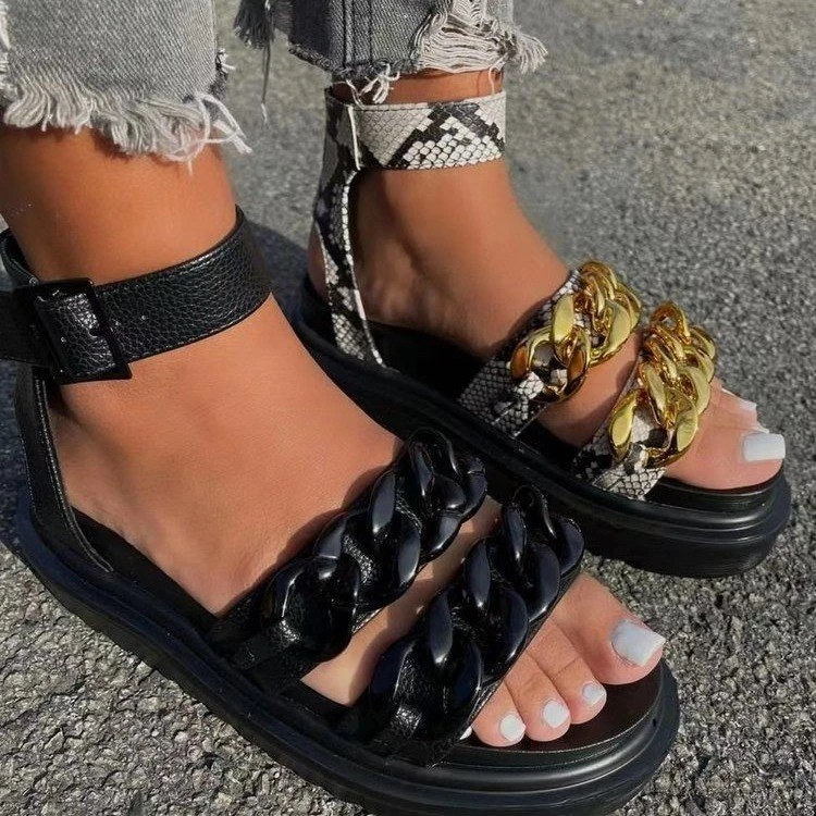 

Large Size 2021 New Summer Muffin Ladies Shoes Thick Bottom Flat Sandals Buckle Snake Pattern Women's Sandals