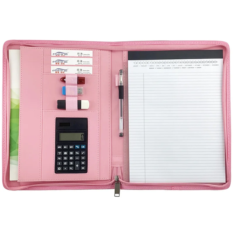 

ModernQiu Custom Zippered Pink PU Leather Professional Business Portfolio with Calculator Document Bag