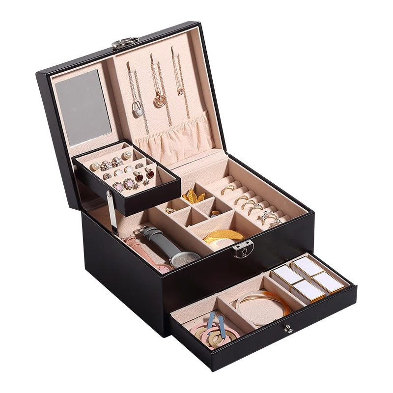 

Wholesale Luxury Large Drawer PU Leather Jewelry Box Velvet Ring Necklace Earring boite a bijoux Jewellery Organizer for Wedding