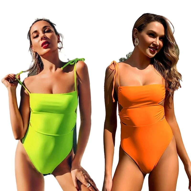 

Swim Wear Womens 2022 New Arrivals Summer Sexy Sleeveless Slim Halter Hollow Out Lace Up Jumpsuits Swimsuit One Piece, Photo color