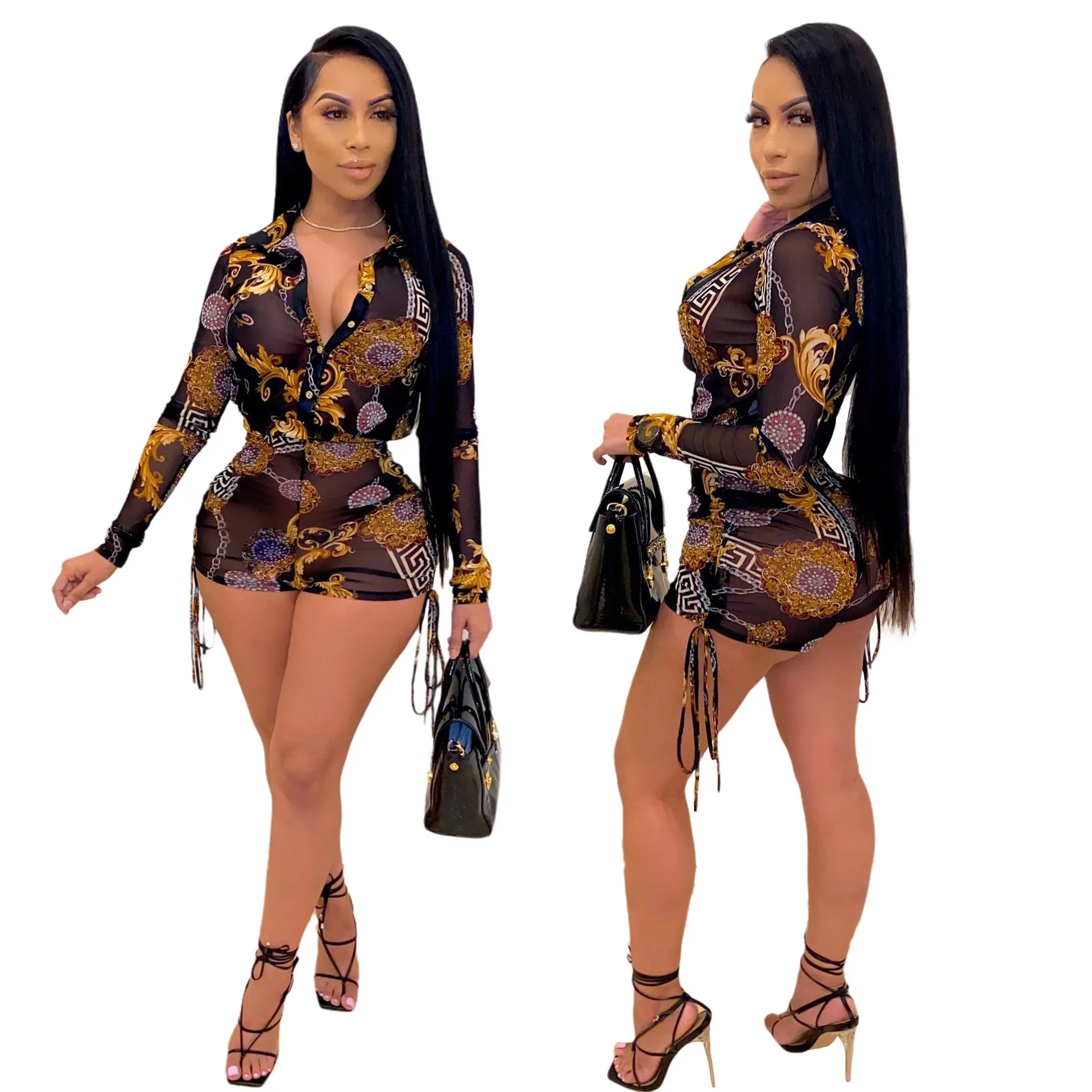 

S6581 - Shorts And Top Sexy Mesh Long Sleeve Printed 2 Piece Set Women Clothing