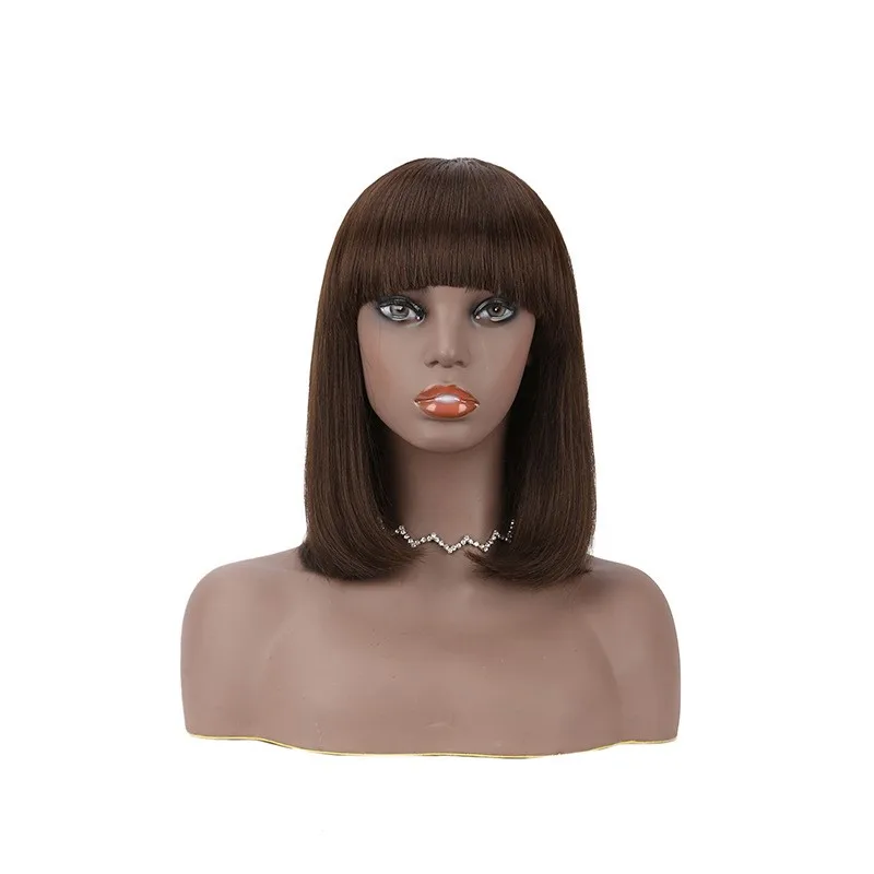 

Full Machine Made Human Hair Wigs With Bangs 2# Brazilian Straight Short Bob Wig Natural Hairline, 2#color