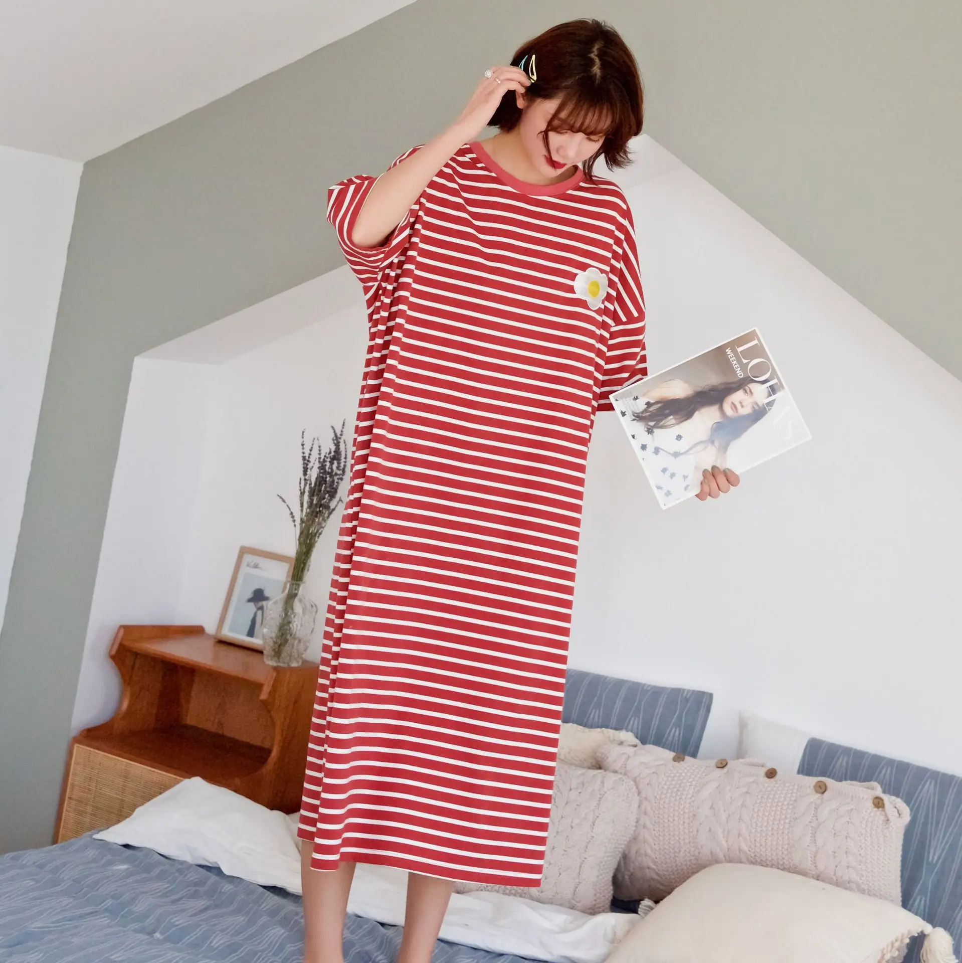 

Fruit Striped Cotton Nightdress Cute Short Sleeve Loose Maternity Pajamas