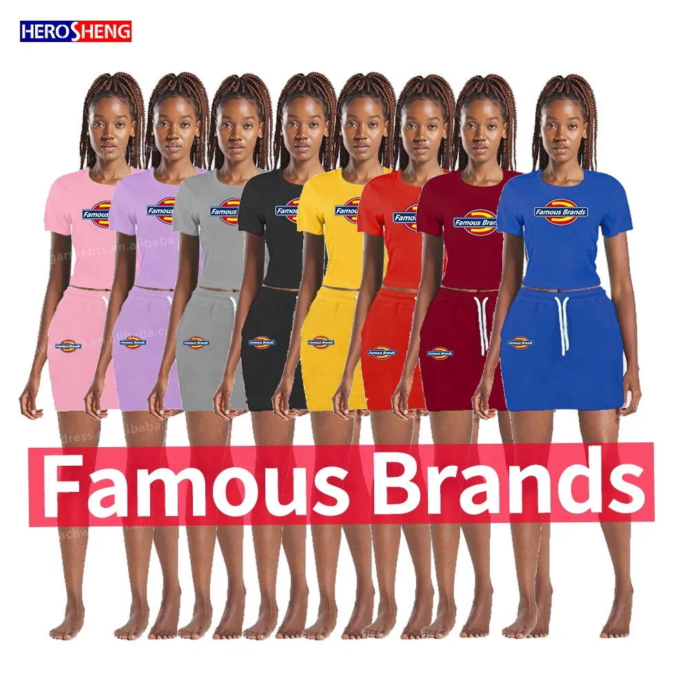 

Summer sets women 2021 printing short sleeve solid color exercise and fitness fashion skirt set dicky 2 piece set, 8 colors