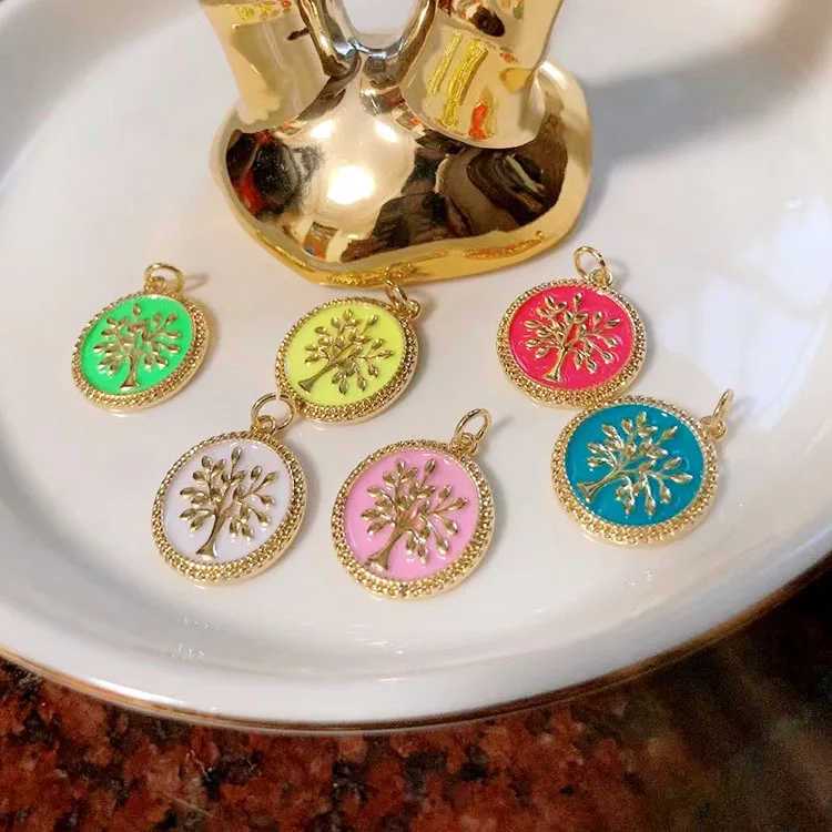 

JS1583 copper 18k Gold Plated enamel colorful round tree charms Pendant