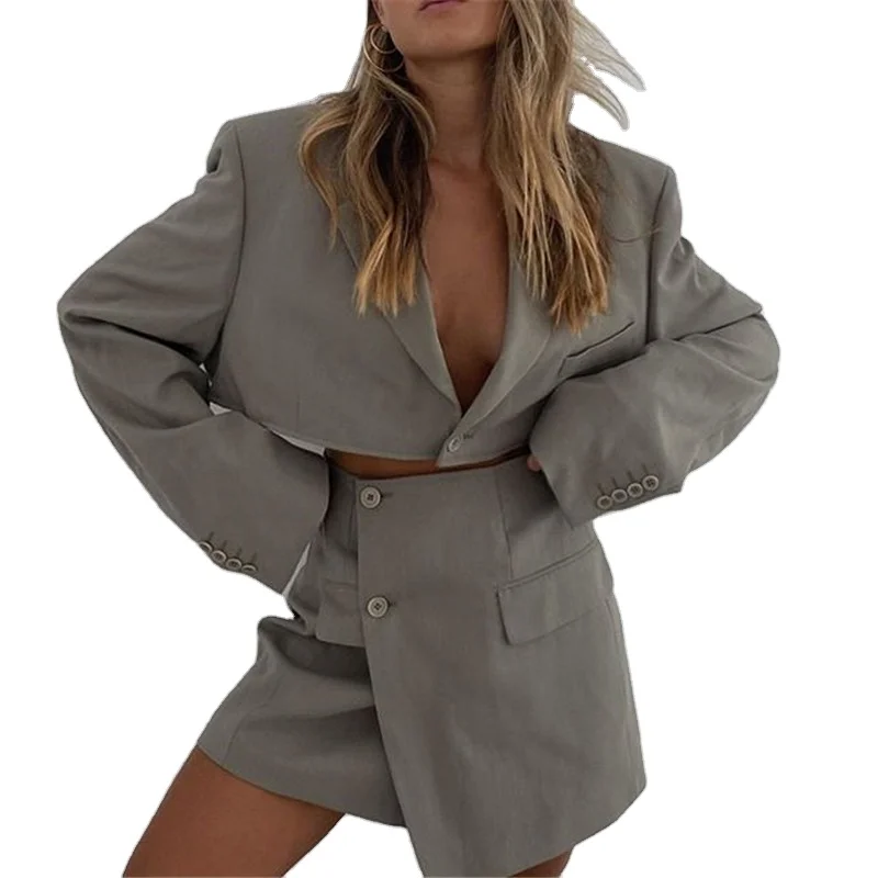 

Wholesale Women Casual Skirt Suit Long Sleeve Cardigan One button Top Buttocks Short Skirt Two Piece Suit, Grey black apricot