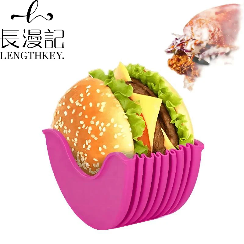

High quality Dishwasher Safe Hygienic Reusable Hamburger Bun Shell kitchen silicone burger holder, Four colors
