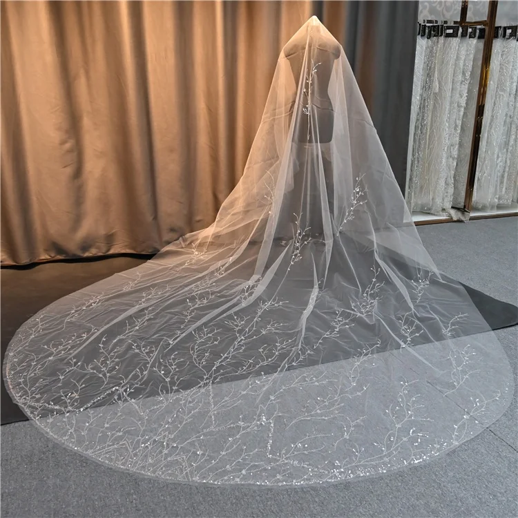 

Factory in-stock 4.6X2.8m fashion korea style simple cathedral veil wedding lace with sequins and bead for bridal