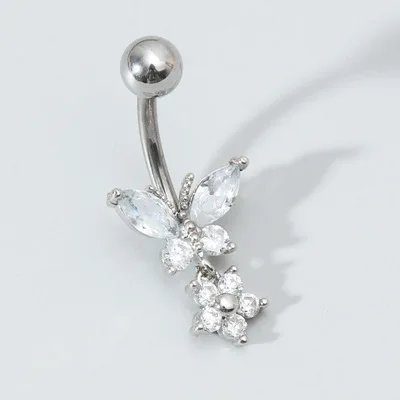 

New Style Stainless Steel Zircon Butterfly Flower Belly Button Not Allergic Nail Piercing Jewelry Silver Rose Gold