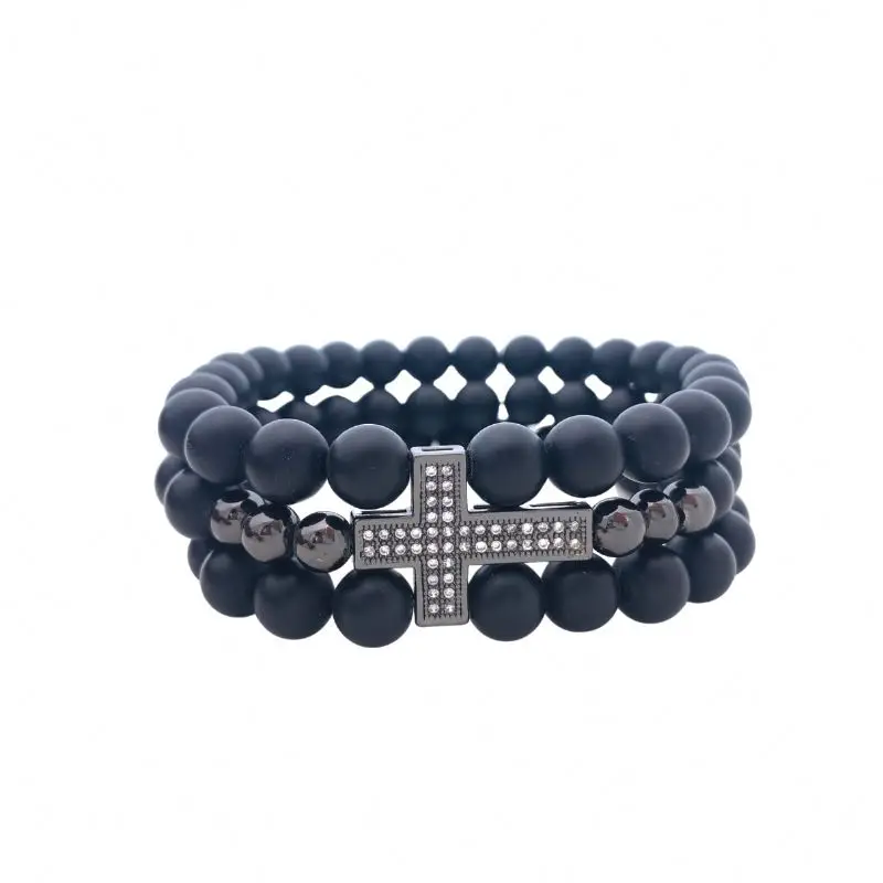 

Eico stainless steel jesus cross bracelet zircon high quality black bead bracelets wholesale jewelry, Gold