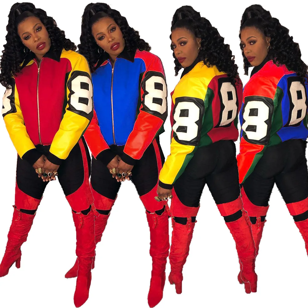 

Women's coats Multi-color block zipper lapel Jacket letter plus size coats, As show
