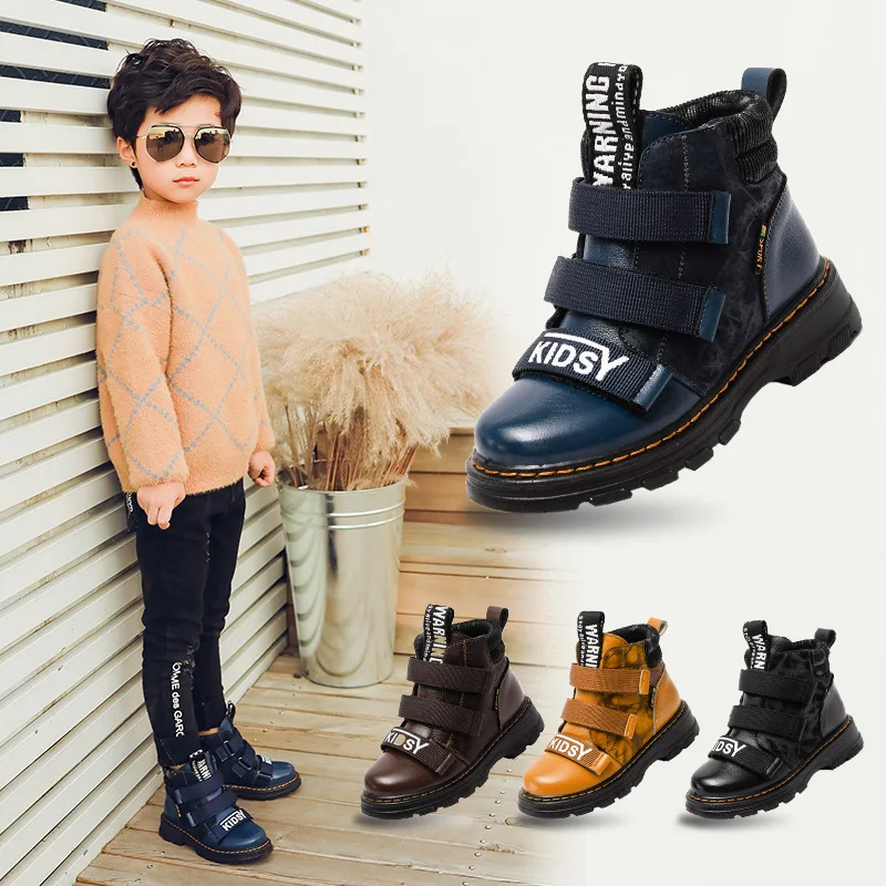 

Autumn Winter Boys Boots Children Shoes For Kids Sneakers Fashion Leather Boots Plush Warm Flat Ankle Boots Drop Shipping, As the pic