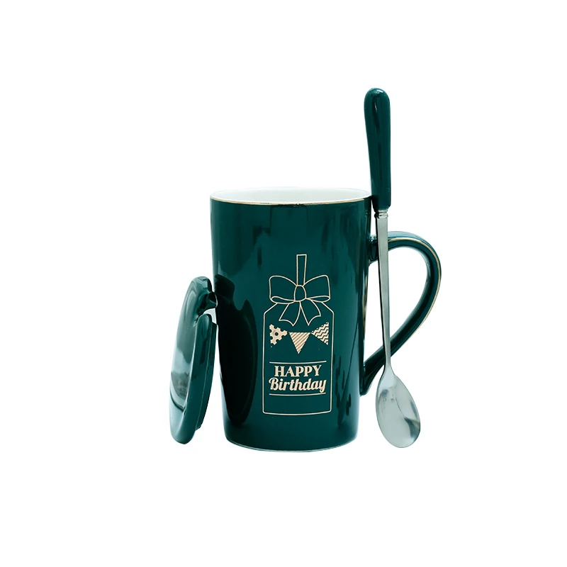 

Nordic birthday simple 12 oz black green ceramic mug with lid spoon drinking cup