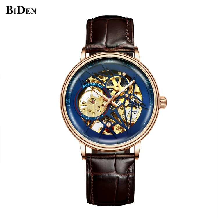 

BIDEN 0219 Men Custom Logo Automatic Mechanical Watch Fashion Leather Brown Watch, 4 colors