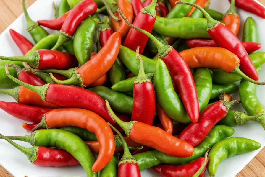 Dried chiles de arbol on wooden surface