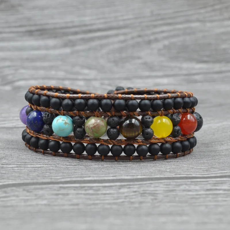 

Spiritual Yoga Boho Jewelry 3 Layered Handmade Braid Diffuser Lava Stone 7 Chakra Wrap Bracelet