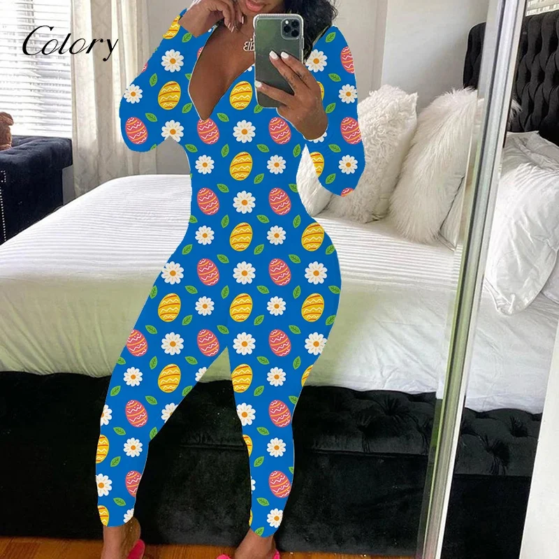 

Colory Hot Sale Women V Neck Bodycon Stretch Long Sleeve Pajamas Butt Flap Jumpsuit Camouflage Print Easter Onesie, Customized color