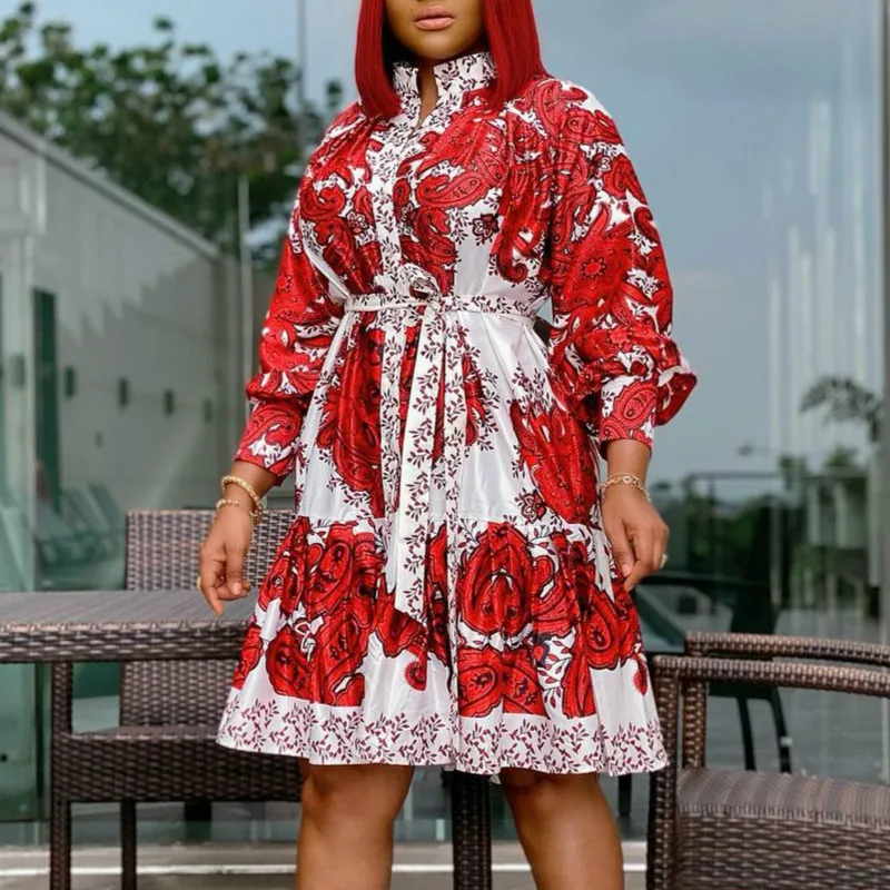 

Summer Vintage Large Size Printed Waist Belt Floral Women Career Office Dress