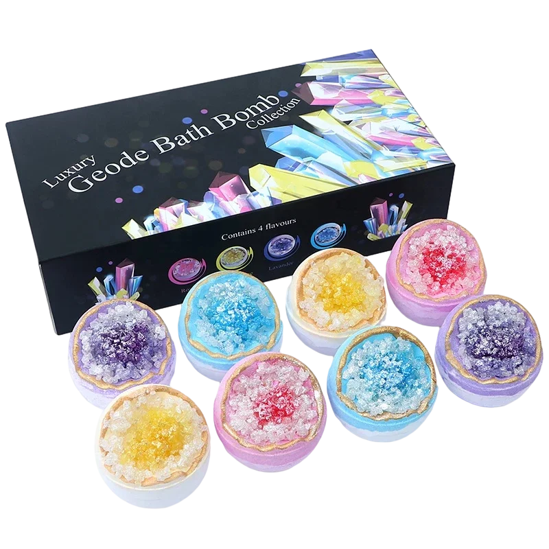

High Quality Beautiful Crystal Healing Geode Bath Bomb Gift Set for Lover Wholesale Luxury 8PCS Scented Bath Fizzy Bath Bomb Set