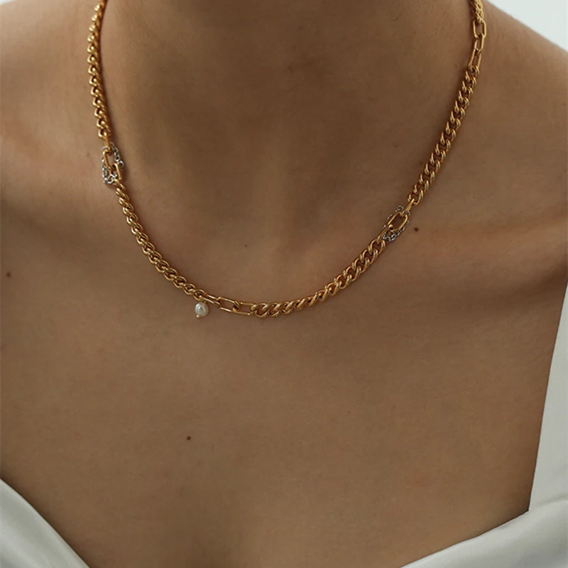 

New Natural Freshwater Pearl Necklaces Mixed Plated Cuban Link Chain Necklace French Elegant Minimalist Trendy Jewelry 2021 Hot, Gold silver