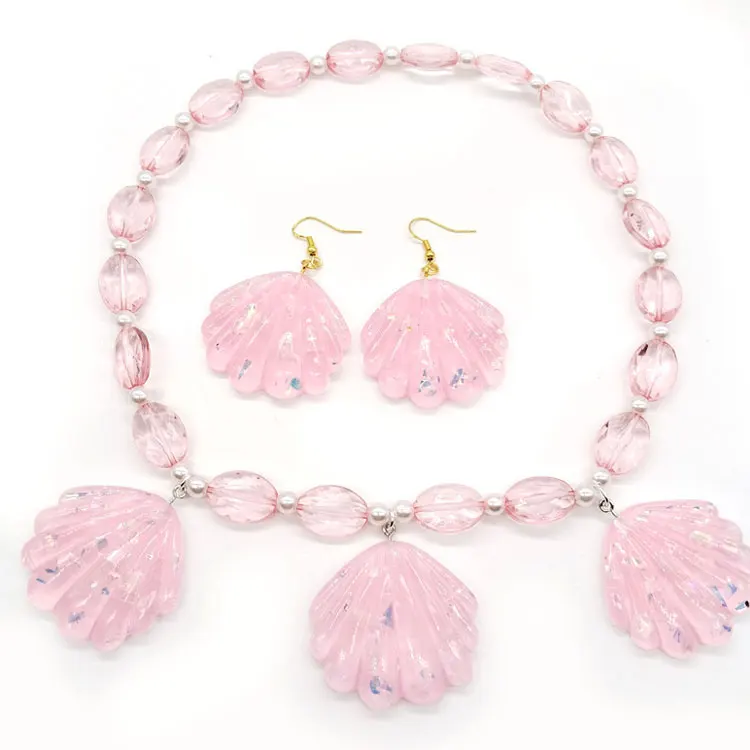 

SC 2023 Hot Products Pink Girls Princess Movie Jewelry Set Pink Pearl Shell Mermaid Necklaces Earrings Set Women Girls