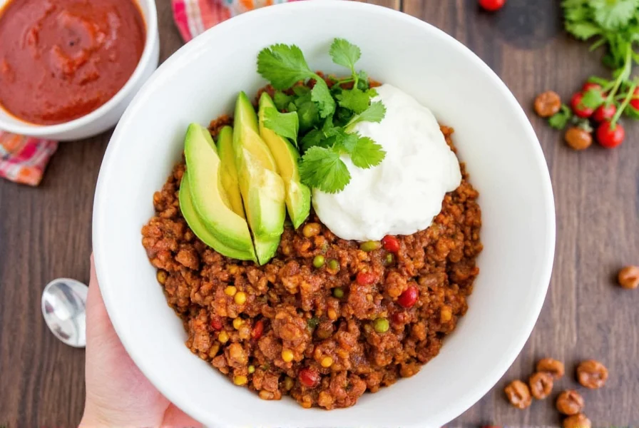 Gekochtes Puten-Chili mit Avocado und frischen Garnituren