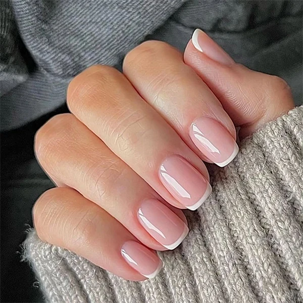 24 Pcs Classic Simple pink French White Edge Short square Shape Acrylic Press on Nails Artificial Fingernails False Nails 3682