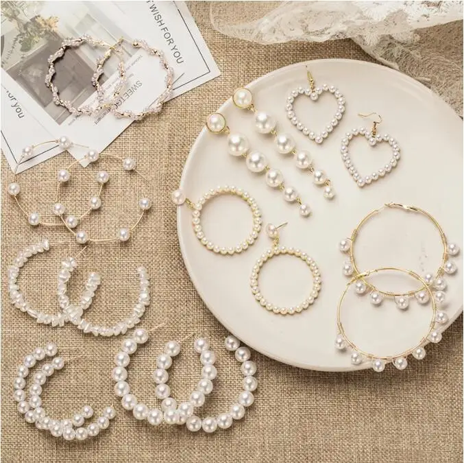 

New Korean Simple Plain Gold Metal Beaded Pearl Hoop Earring Fashion Big Circle Hoops Statement Earrings for Women Party Jewelry, Same as pictures show,5% color difference exist