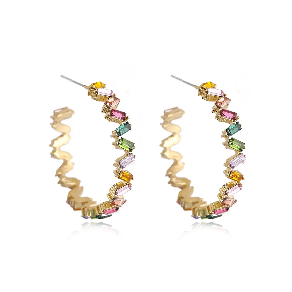 

JUHU New mixed colors stylish C shape glass diamond alloy ear buckle T drill earrings classic metal alloy jewelry for women, Colorful