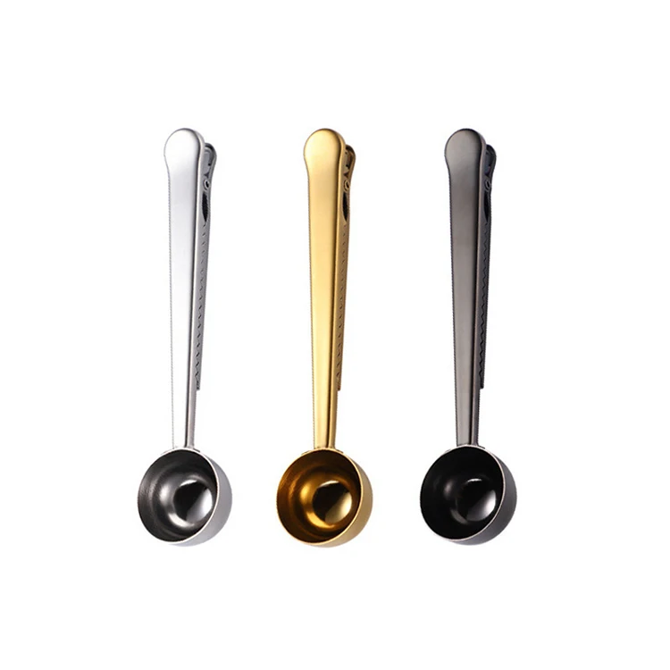 

China Factory New Design Durable Stainless Steel Spoon With Bag Clip Ground Tea Coffee Scoop Seal Clip Powder Measuring Tools, Silver /black/gold