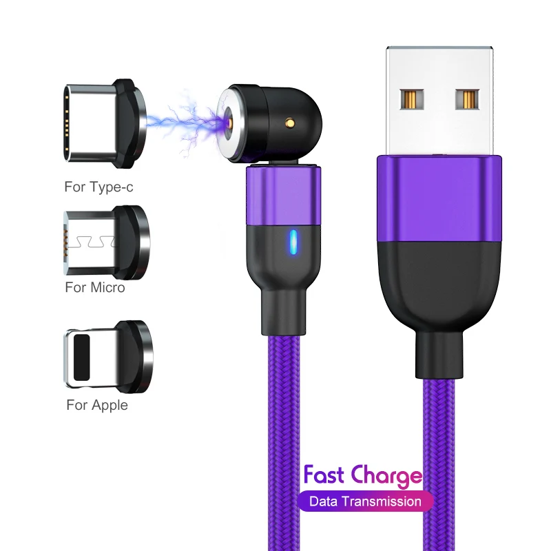 

LED Indicator 3 in 1 Magnetic USB type c Micro Fast Charging 2.0 Cable wholesale Nylon braided Rotating Suction Data for iphone, Black red purple