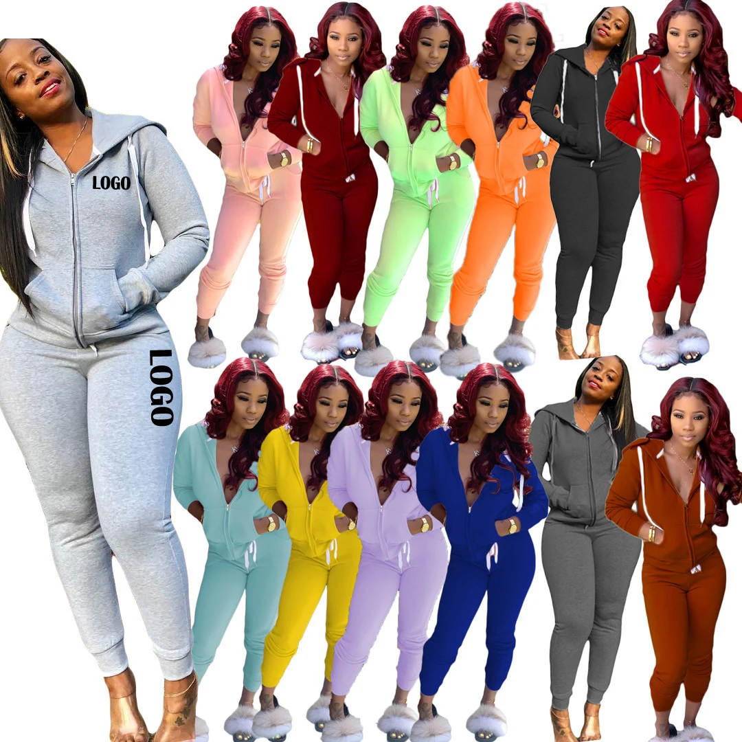 

plus size Body Suit Outfit Custom Logo long sleeves Jogging Suits Solid Two Piece Sets Women Clothing Hoodie Sport Sweat Suit