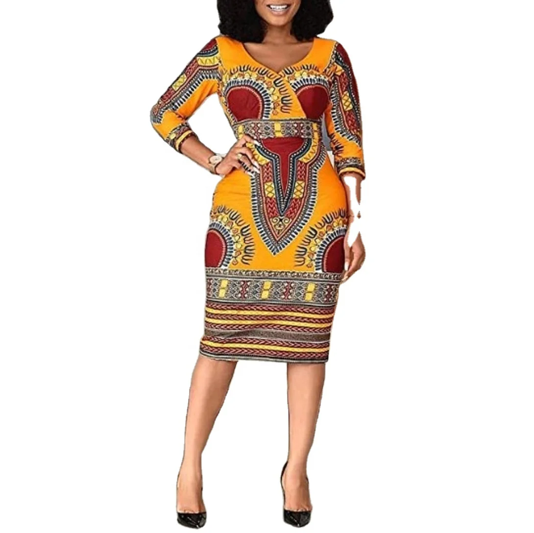 

African women's dress slimming personality fashion printing Long sleeve dress