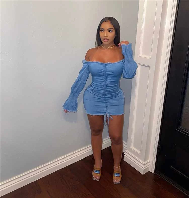 

dress women lady elegant strapless flared sleeve jean dresses denim