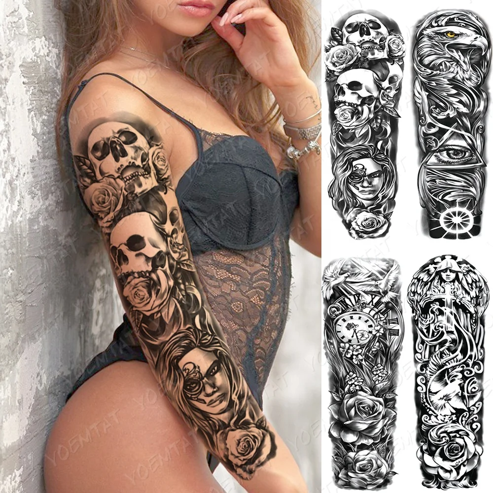 

Skin Safe Full Skull Rose Tatoo Women Arm Water Transfer tattoo sticker, Cmyk